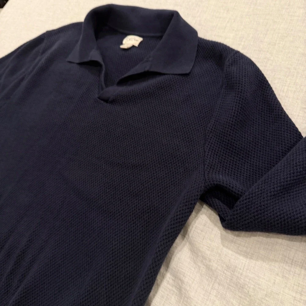 J.Crew Mens Navy Blue Textured Knit Johnny Collar 100% Cotton Polo Sweater Small